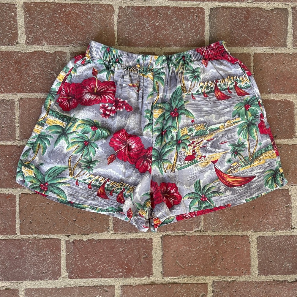 liz & co. Tropical Hibiscus Print Shorts - Red, Green & Gray